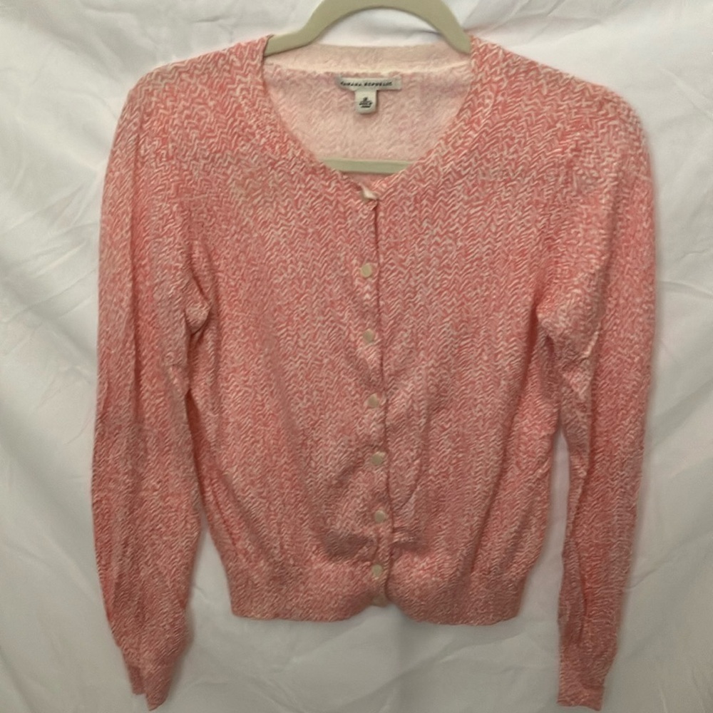Banana Republic: Pink/Cream cardigan sweater- abstract pattern- lightweight- M